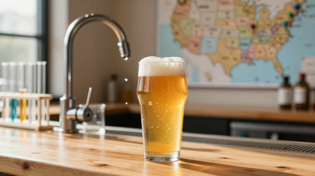 Copo de cerveja dourada com espuma no topo, sobre balcão de madeira em ambiente interno.