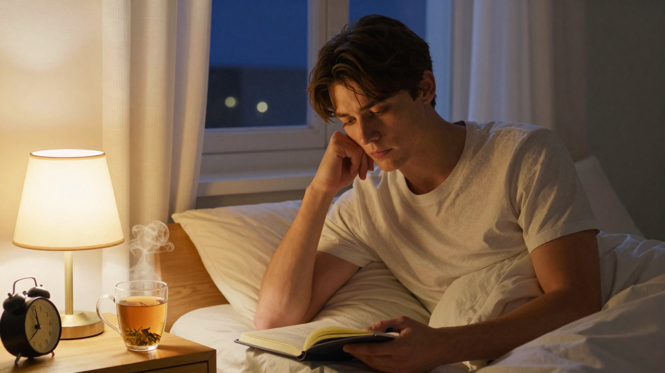 Jovem lendo livro na cama à noite, com abajur aceso e chá quente na mesa ao lado.