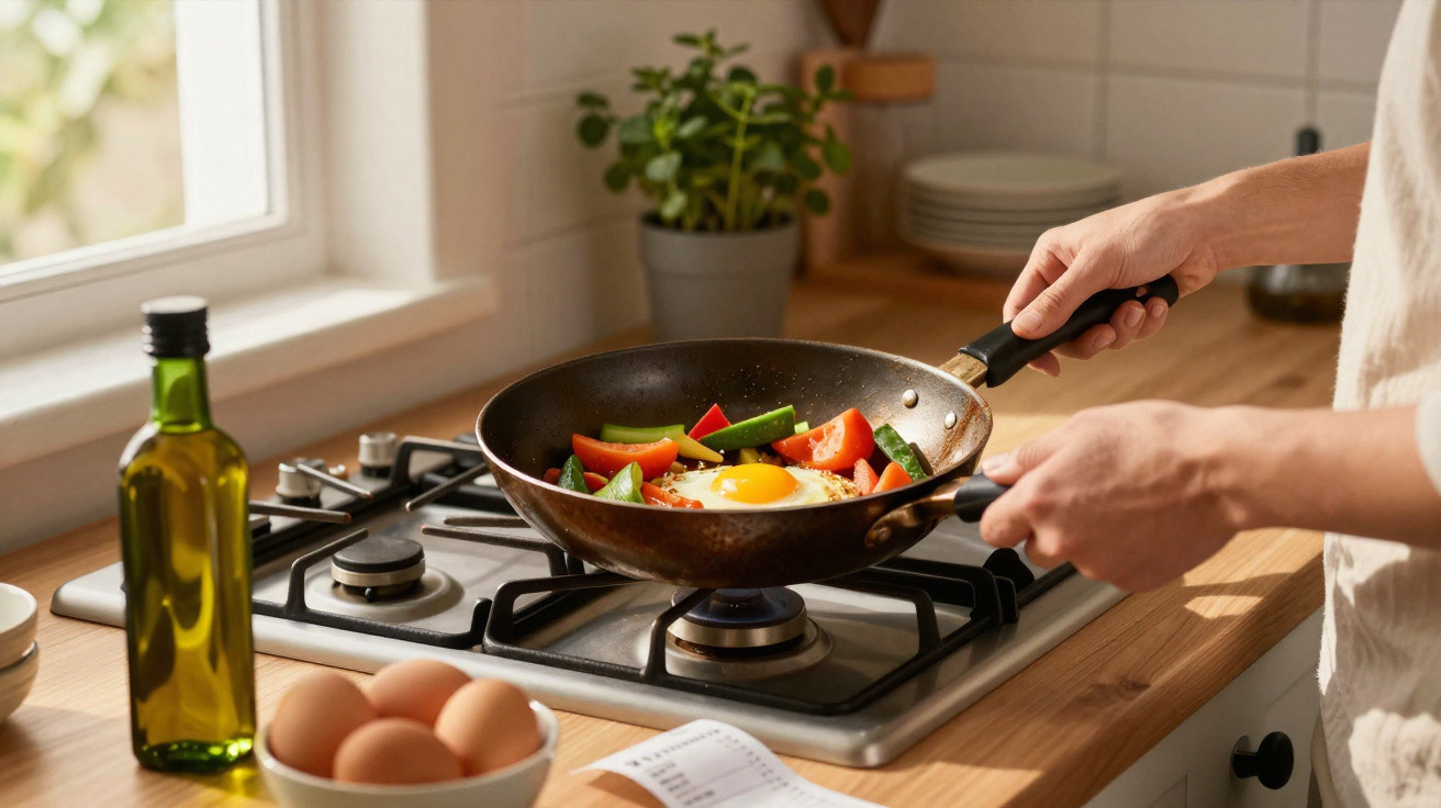 Pessoa cozinhando legumes e ovo em frigideira no fogão de cozinha iluminada por luz natural.