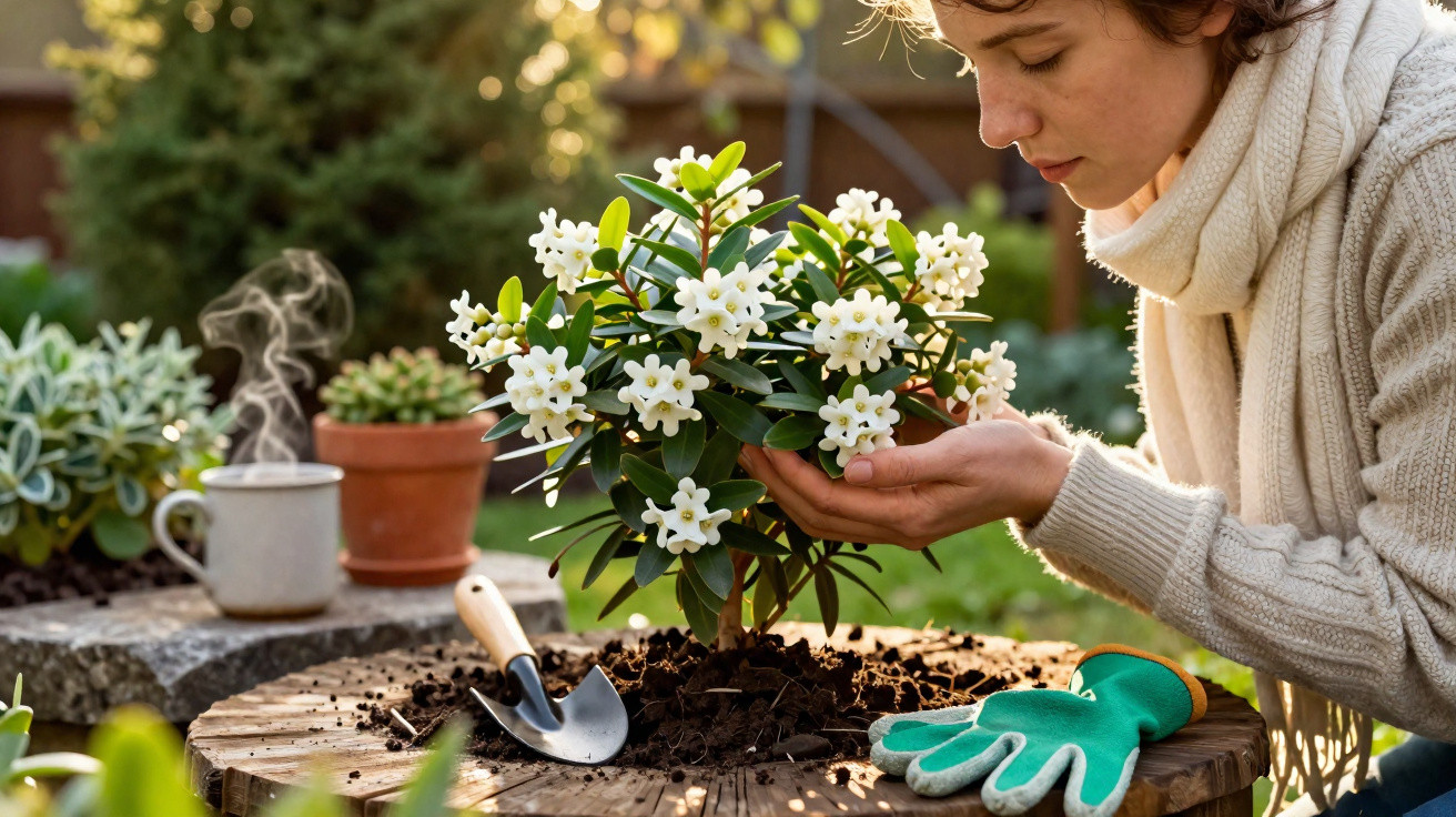 Mulher cuidando de planta com flores brancas em jardim, ao lado de luvas e regador com vapor.