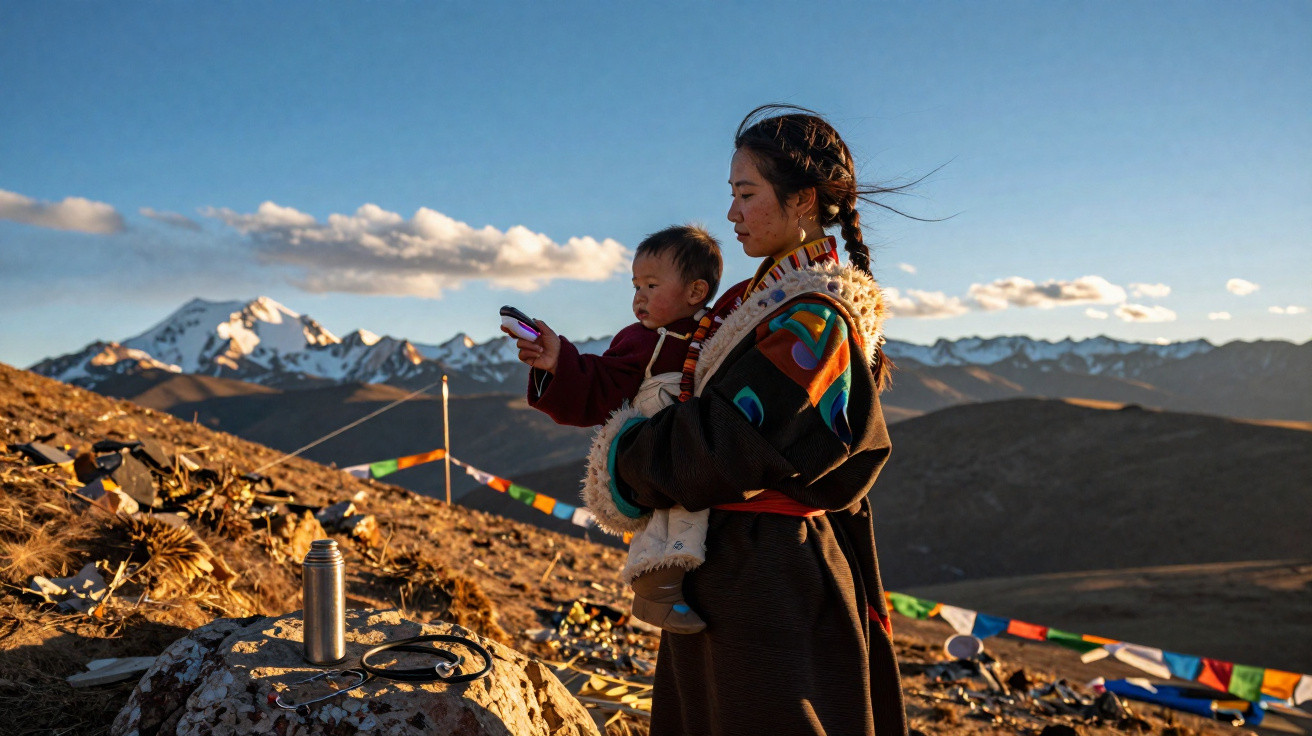 Mulher com menino no colo em montanha, vestindo roupas tradicionais tibetanas sob céu azul com nuvens.