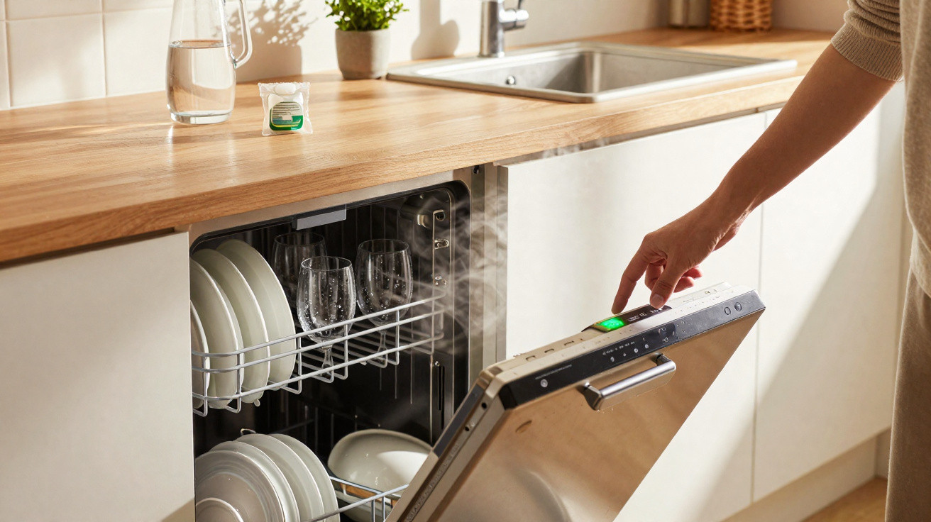 Pessoa abrindo lava-louças inox com pratos e copos dentro em cozinha com bancada de madeira clara.