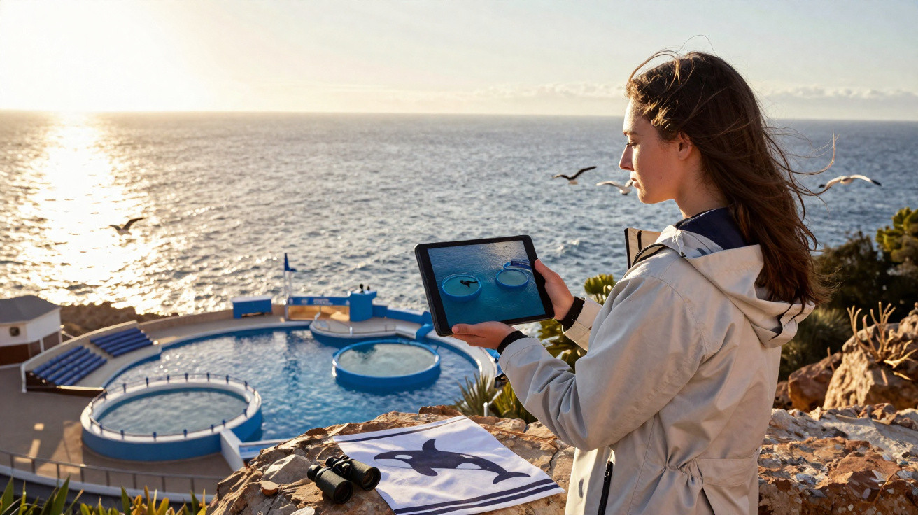 Mulher com tablet observa golfinhos no tanque de um aquário à beira-mar ao pôr do sol.