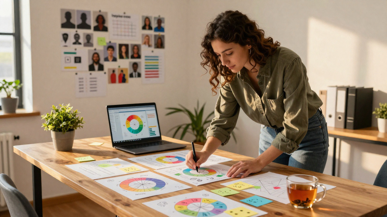 Mulher analisando gráficos coloridos em mesa de escritório com laptop e xícara de chá.