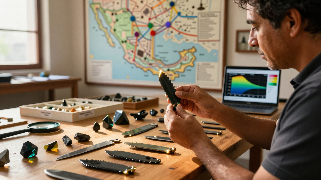 Homem analisa objetos pretos com luzinhas em mesa, mapa do México ao fundo e laptop aberto.