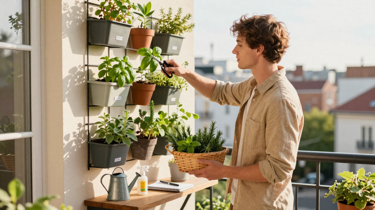 Jovem cuidando de plantas em vasos suspensos na varanda de apartamento em dia ensolarado.