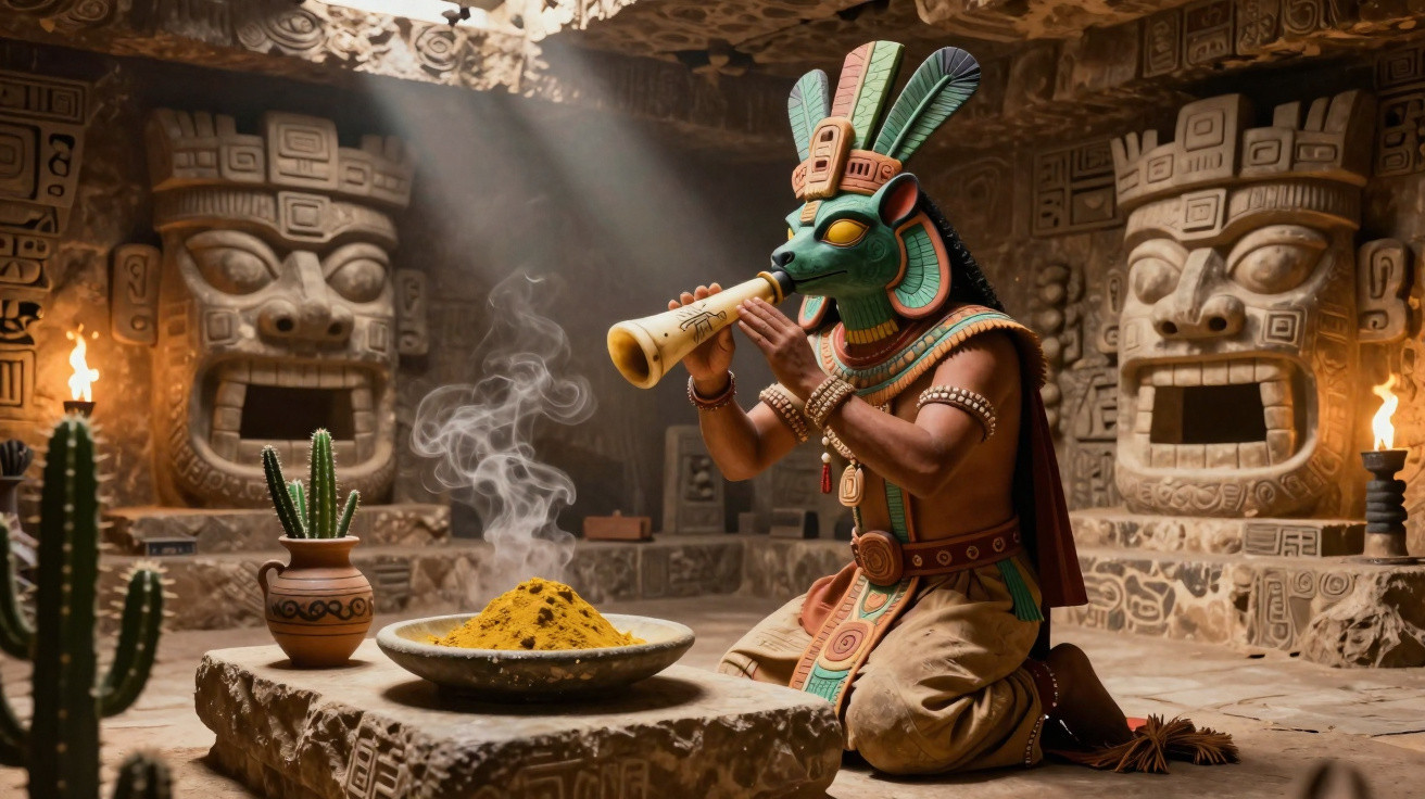 Homem com máscara tradicional maia tocando instrumento de cerâmica em templo antigo com esculturas e tochas.