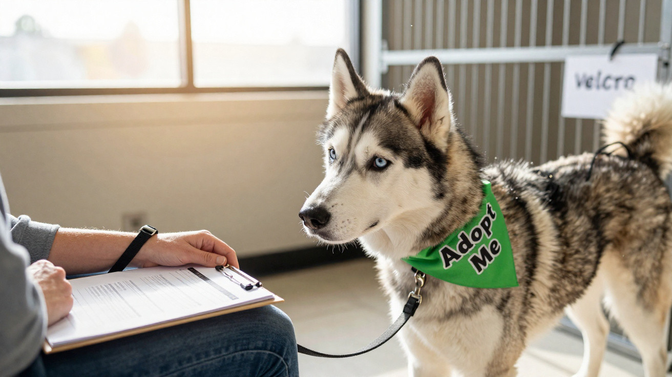 Cachorro Husky Siberiano com bandana verde "Adote-me" próximo a pessoa com prancheta em abrigo.