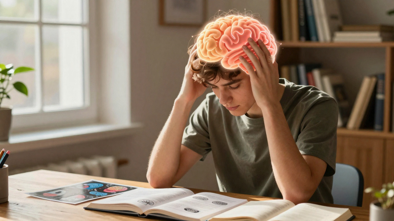 Jovem estudando com mãos na cabeça iluminada por cérebro digital mostrando esforço mental.