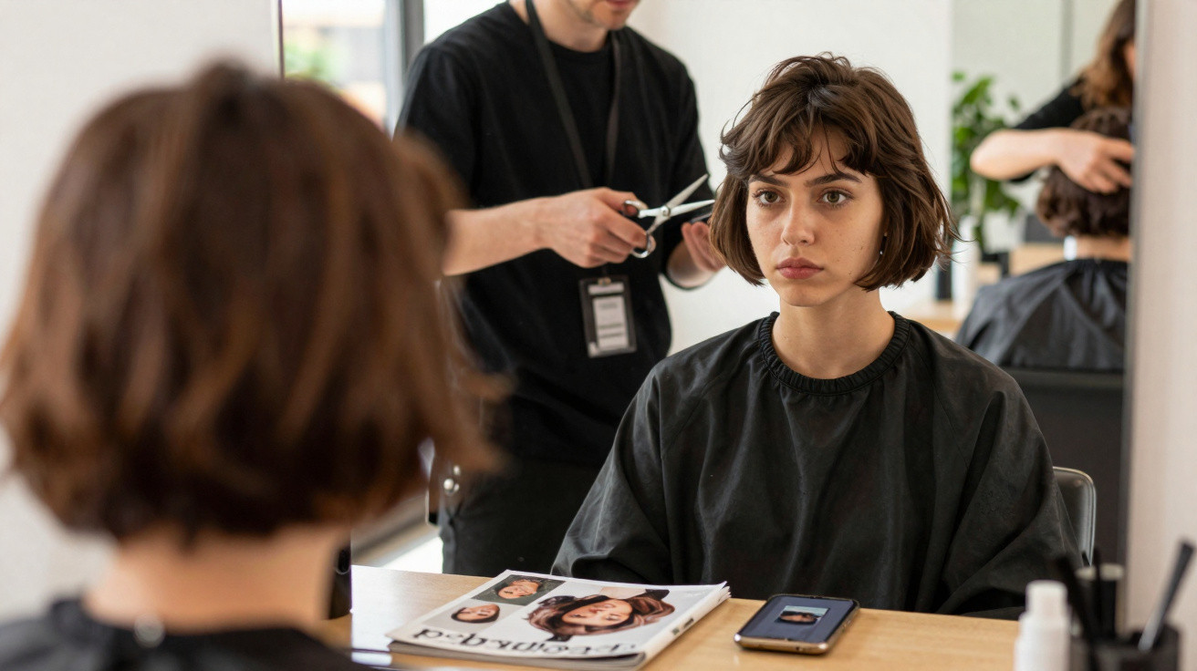 Jovem mulher com capa preta sentada em salão de beleza, aguardando corte de cabelo, olhando no espelho.