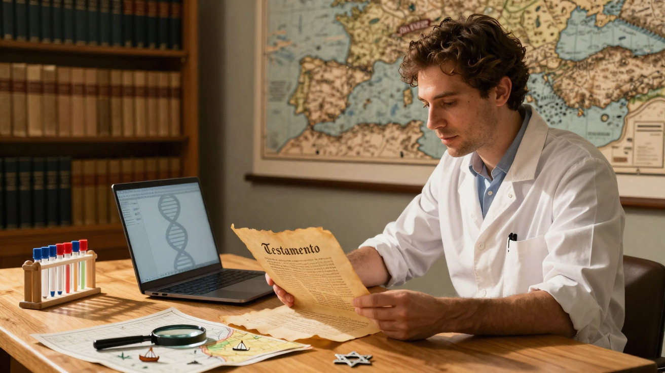 Homem com jaleco lendo um documento antigo intitulado "Testamento", com laptop e tubos de ensaio na mesa.
