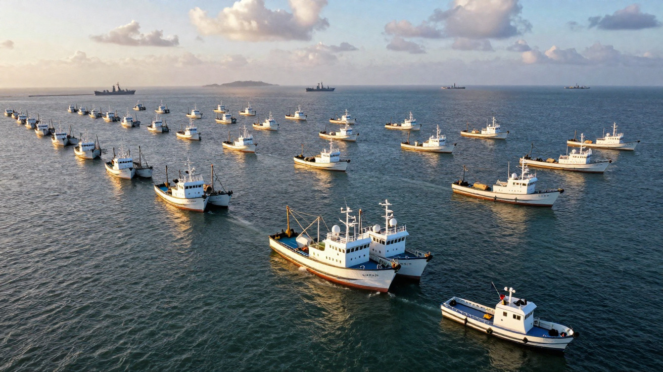 Várias embarcações de pesca organizadas em linha no mar sob céu com nuvens ao amanhecer.