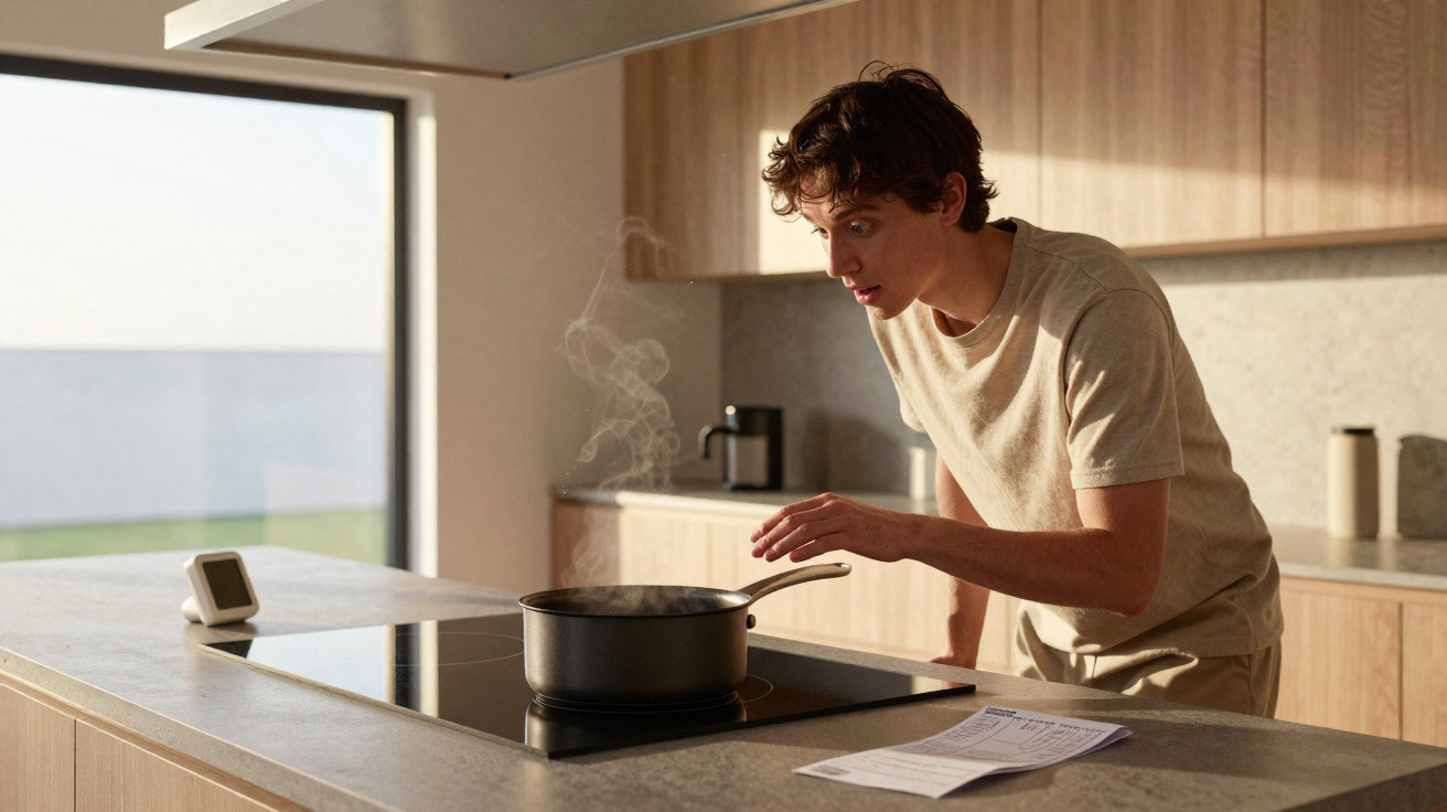 Jovem observa panela com vapor em fogão elétrico em cozinha moderna com bancada de concreto.