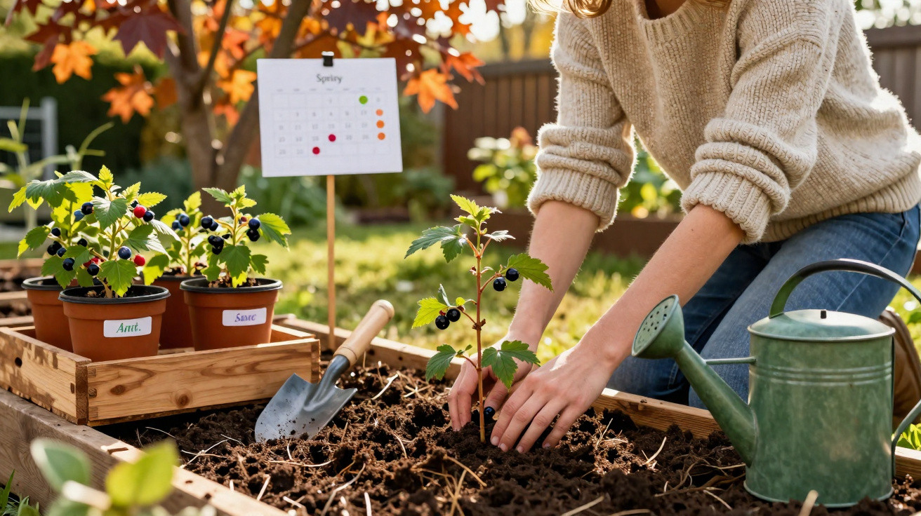 Pessoa plantando muda de planta com frutas pretas em canteiro de jardim ao ar livre.