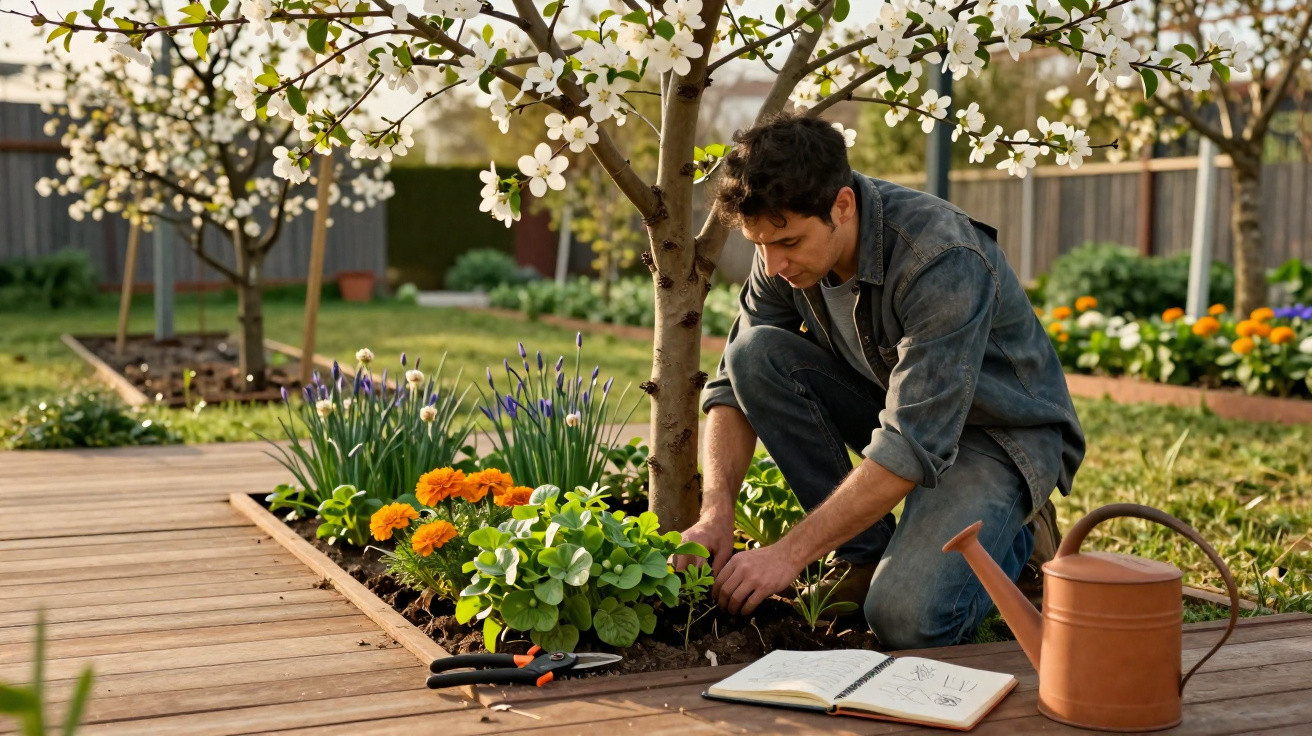 Homem cuidando de plantas em jardim com flores coloridas e regador ao lado durante o dia.