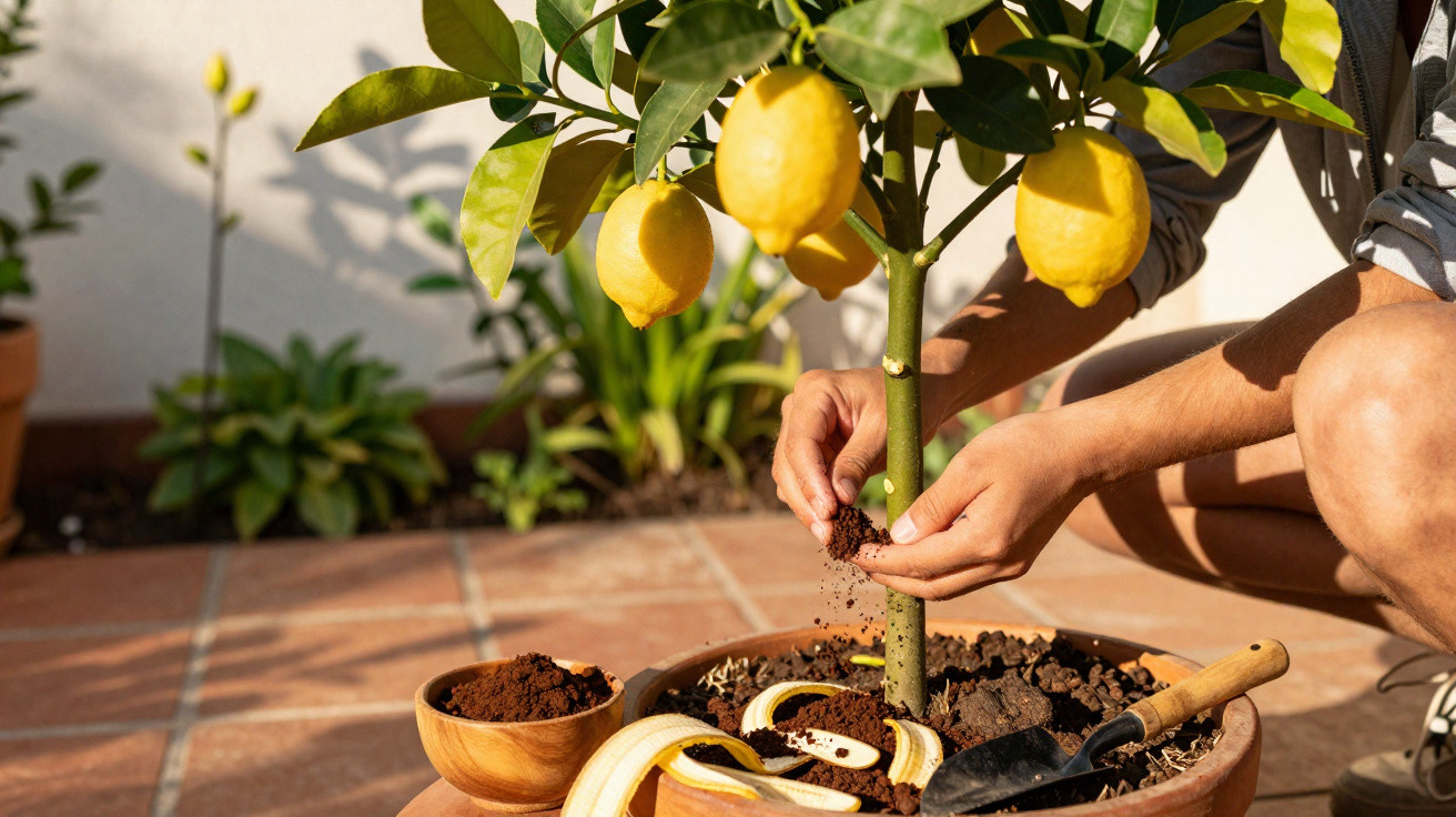 Pessoa plantando uma muda de limão em vaso com terra e cascas de banana em área externa ensolarada.