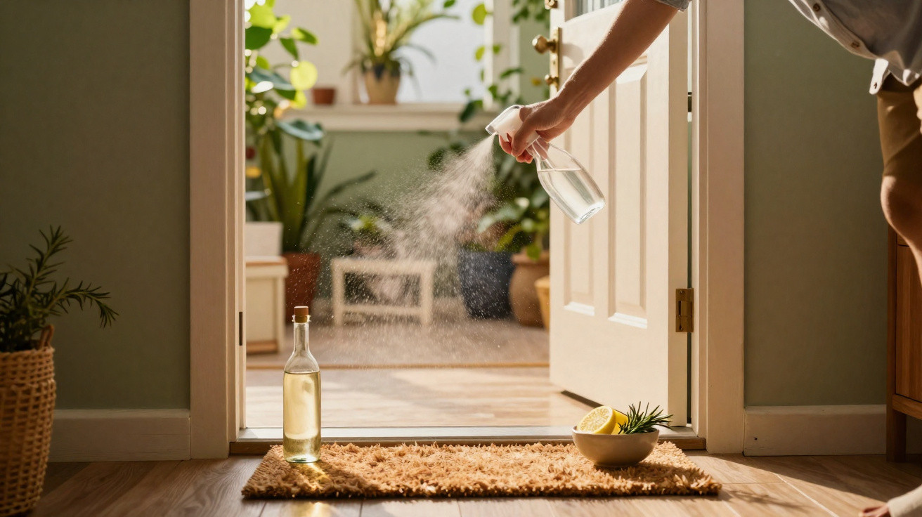 Pessoa borrifando limpa vidros na entrada de casa com plantas ao fundo e objetos decorativos no tapete.