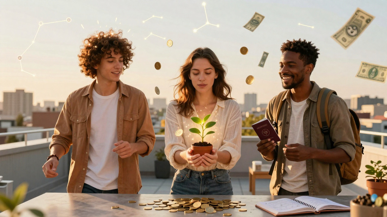 Três jovens em um terraço com moedas e cédulas flutuando, segurando planta e passaporte, simbolizando investimento.