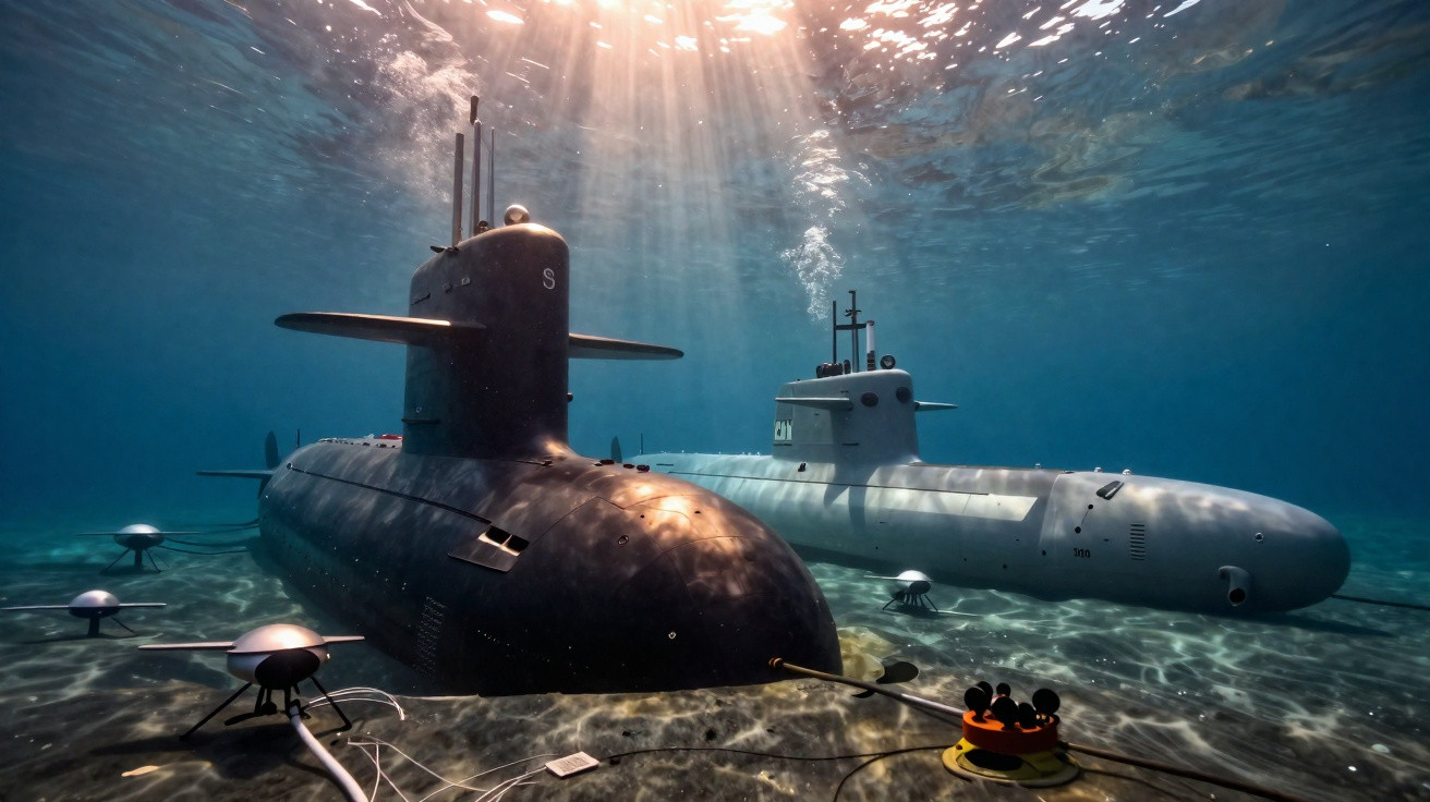 Dois submarinos pretos e cinzas parados no fundo de um oceano com luz solar entrando pela água.