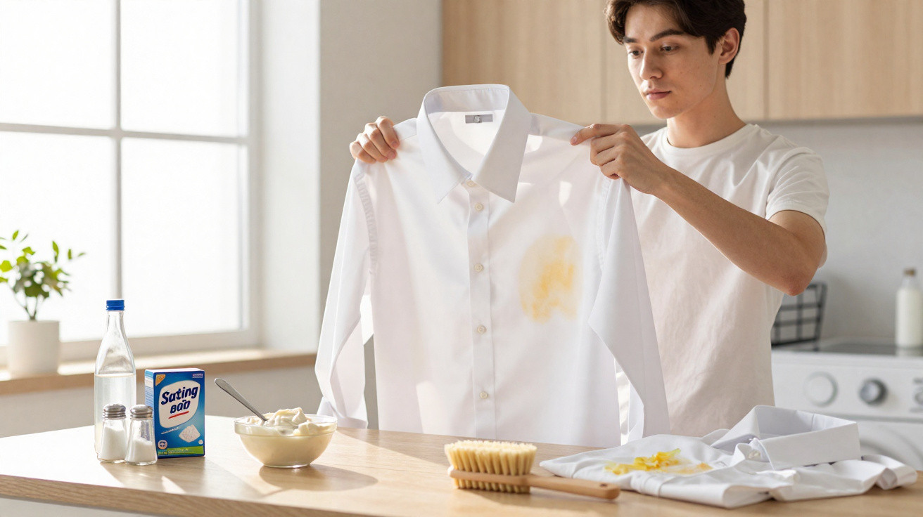 Jovem segurando camisa branca com mancha amarela, em cozinha com utensílios de limpeza sobre a mesa.