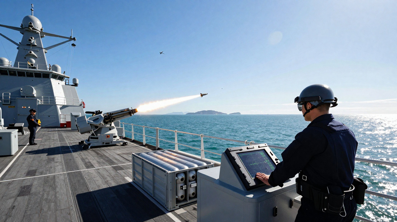 Marinheiros operam sistema de defesa antimísseis em navio de guerra no mar em dia ensolarado.