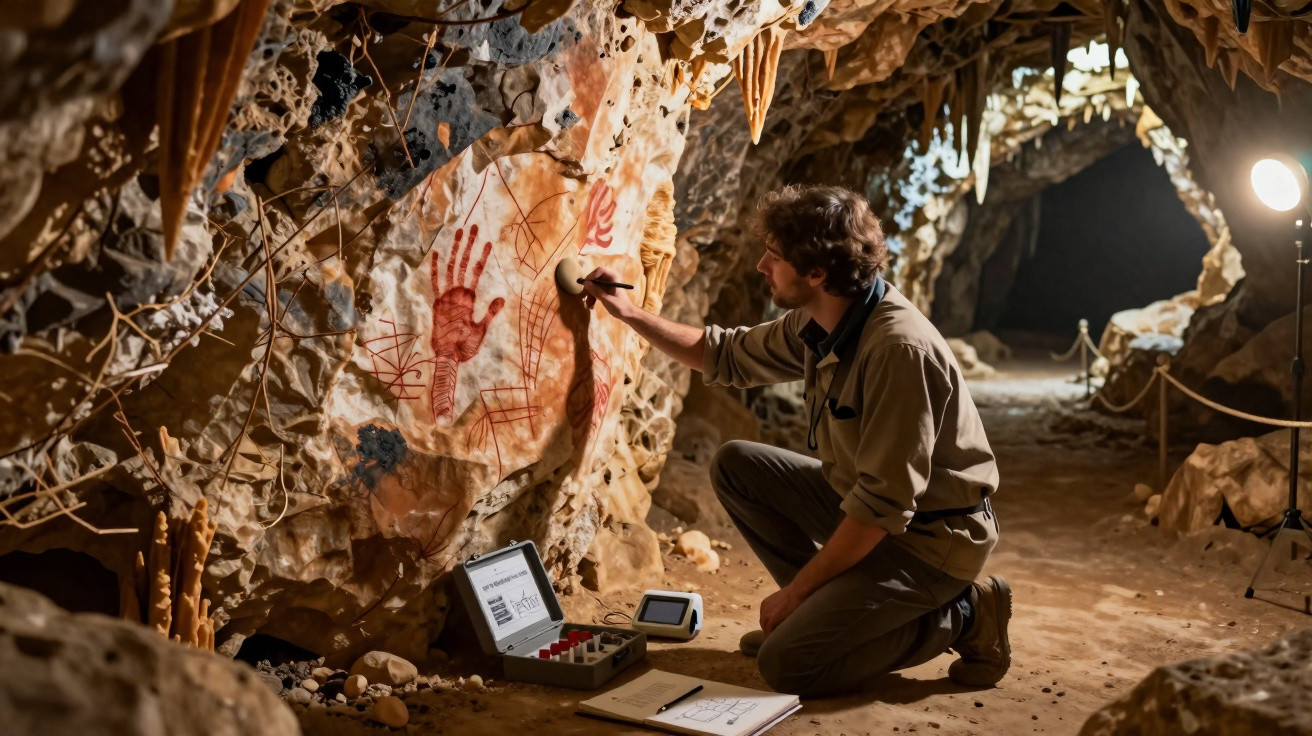 Homem examina pinturas rupestres em caverna usando equipamentos de pesquisa e iluminação artificial.