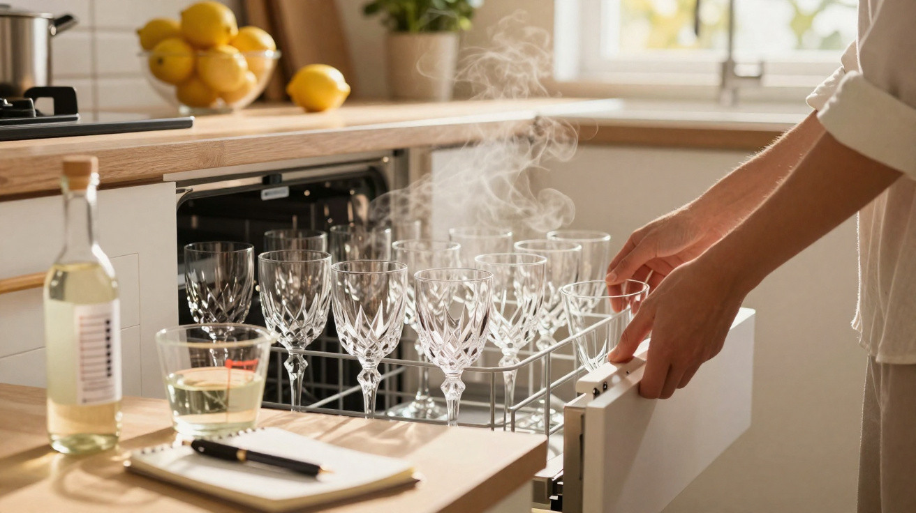 Pessoa retirando taças de cristal fumegantes de uma lava-louças em cozinha iluminada natural.
