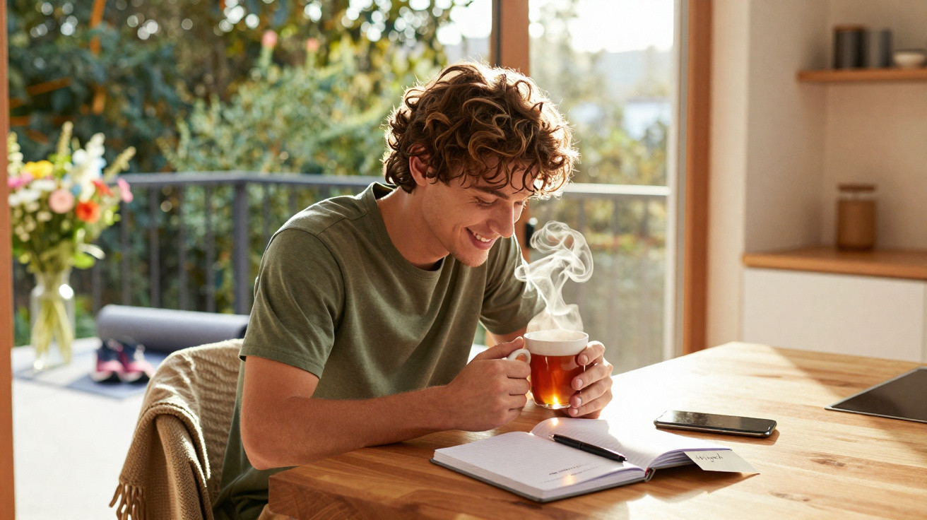 Homem sorridente segurando xícara de chá quente enquanto lê caderno em mesa de madeira na cozinha.