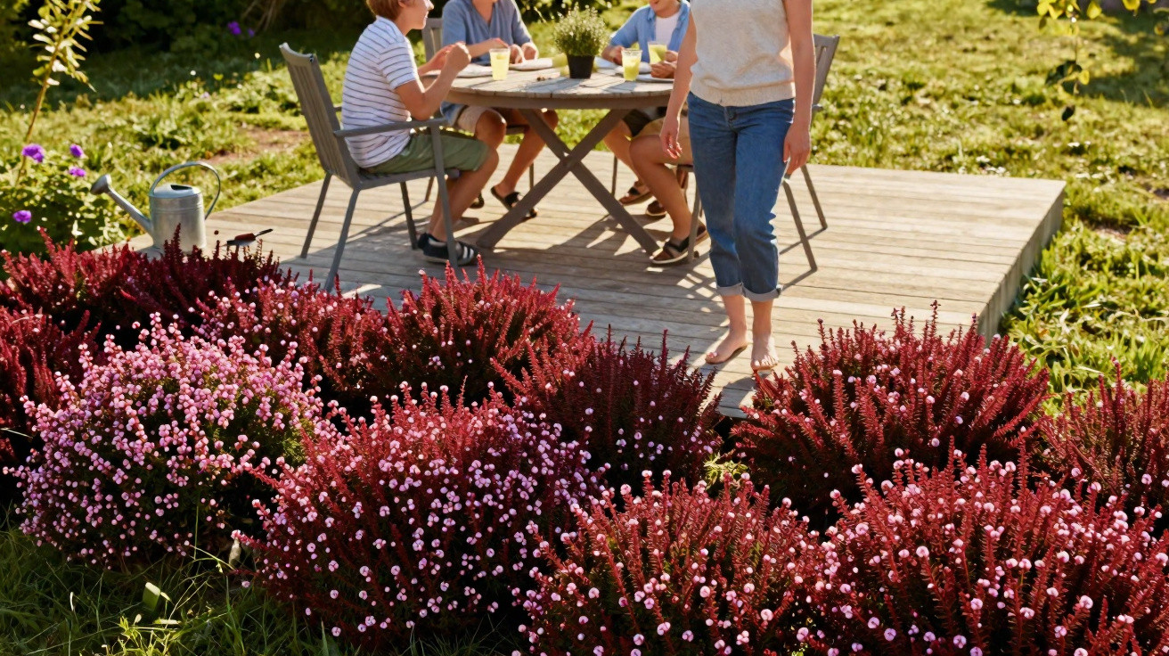 Flores vermelhas e rosas em jardim, pessoas sentadas ao fundo em mesa de madeira no jardim ensolarado.