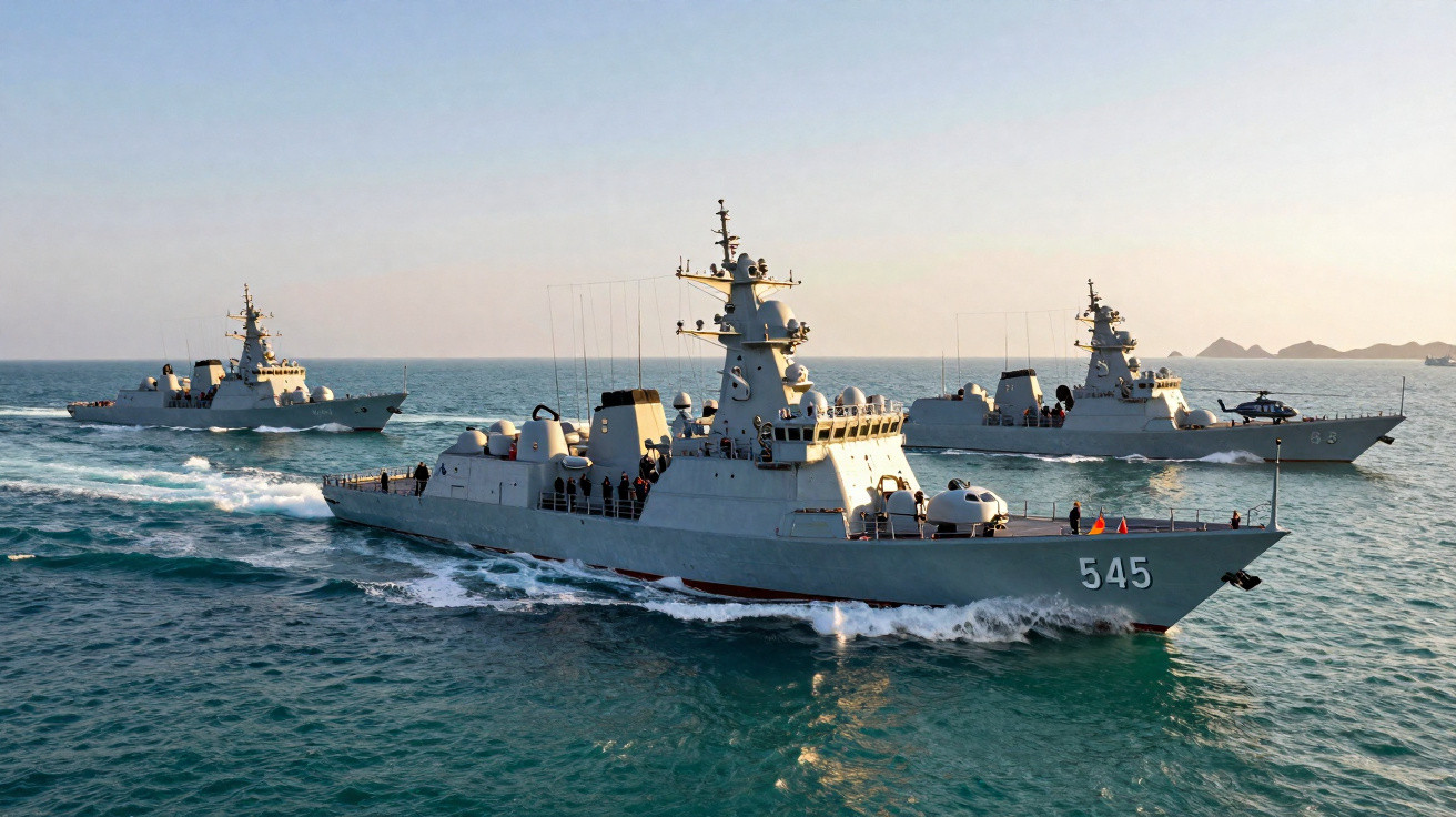 Três navios de guerra cinzas navegando no mar durante o dia, com céu claro ao fundo.