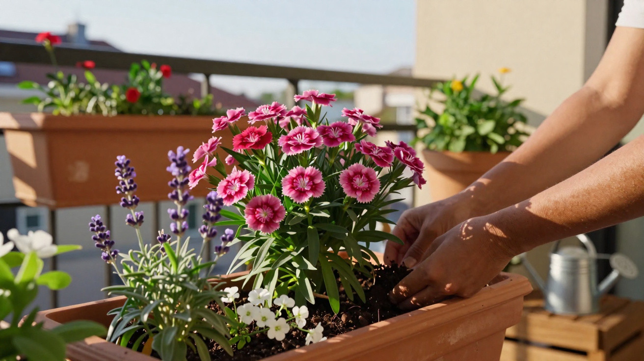 Mãos cuidando de flores em vasos com flores rosas, lilás e brancas na varanda ensolarada.