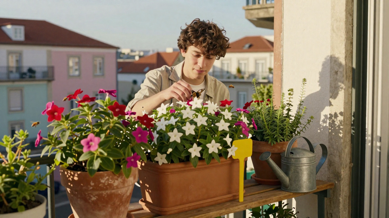 Jovem cuidando de flores coloridas em vasos no varal de apartamento em dia ensolarado.