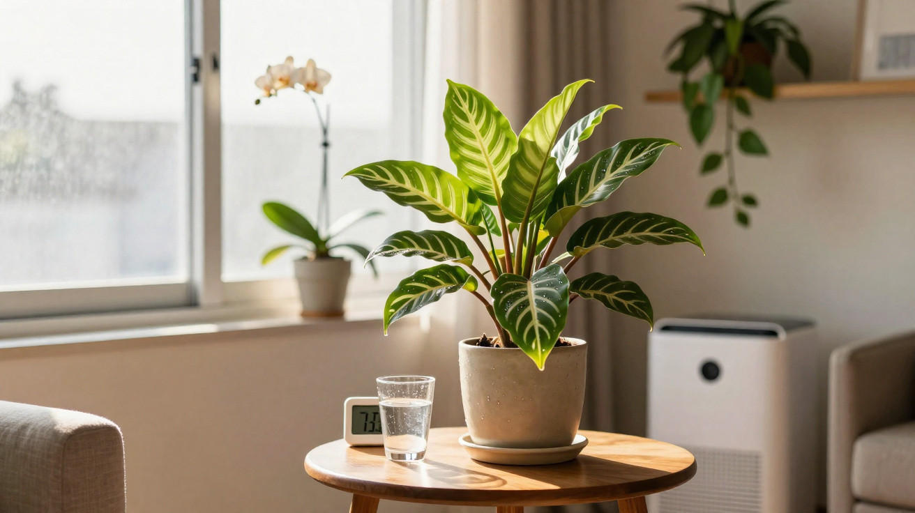 Planta em vaso sobre mesa de madeira com copo d'água e relógio digital, ao lado de janela iluminada.