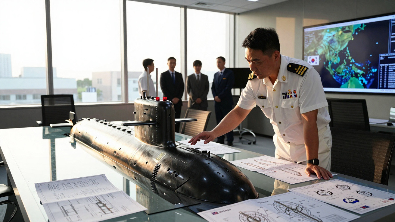 Homem em uniforme naval examina maquete de submarino sobre mesa com plantas enquanto outras pessoas observam ao fundo.
