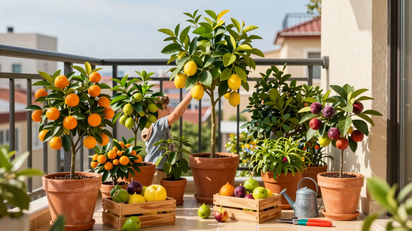 Varanda com vasos de frutas cítricas e caixas de madeira cheias de frutas variadas, criança ao fundo.
