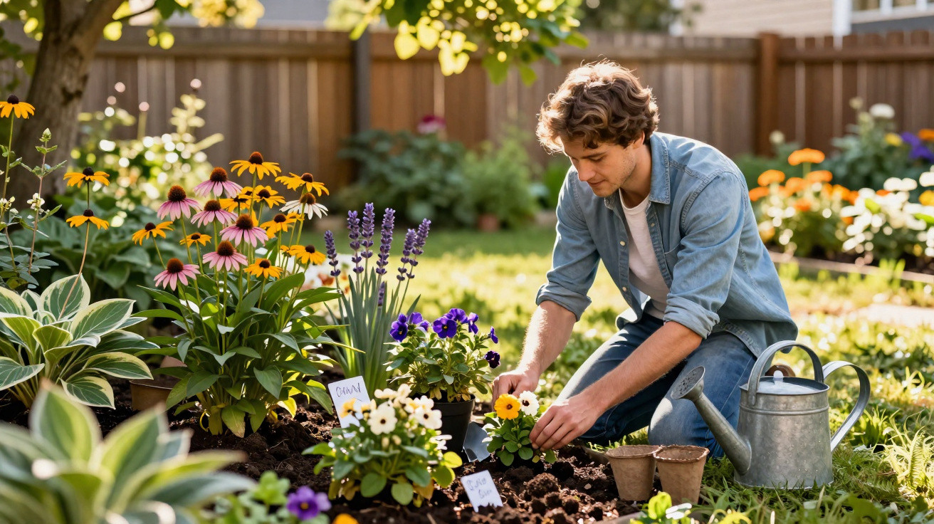 Homem jovem plantando flores em jardim ensolarado com regador ao lado e cerca de madeira ao fundo.