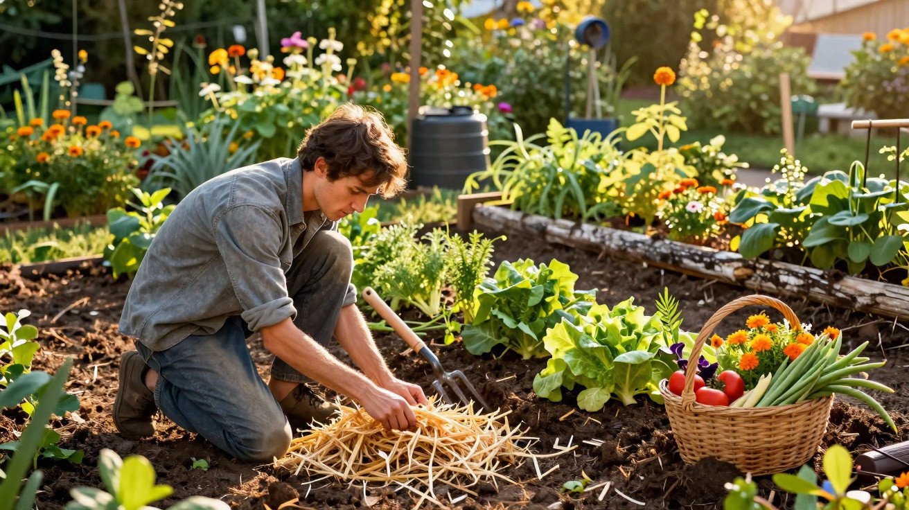 Jovem agricultor agachado preparando canteiro com palha em jardim de vegetais e flores ao entardecer.