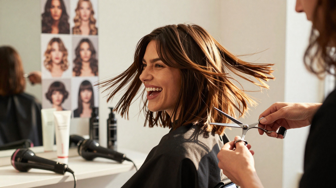 Mulher sorrindo enquanto cabeleireiro corta seu cabelo castanho em salão de beleza.