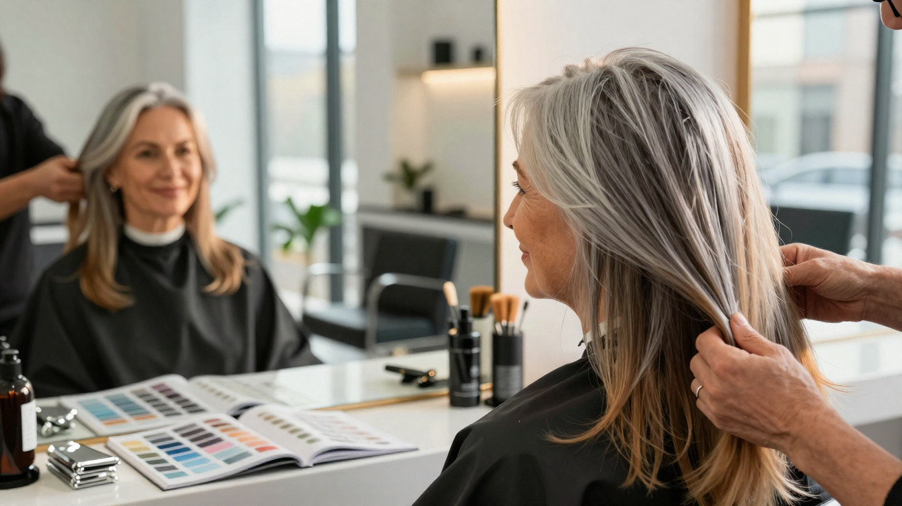 Mulher madura com cabelo grisalho em salão de beleza, olhando sorriso no espelho durante penteado.