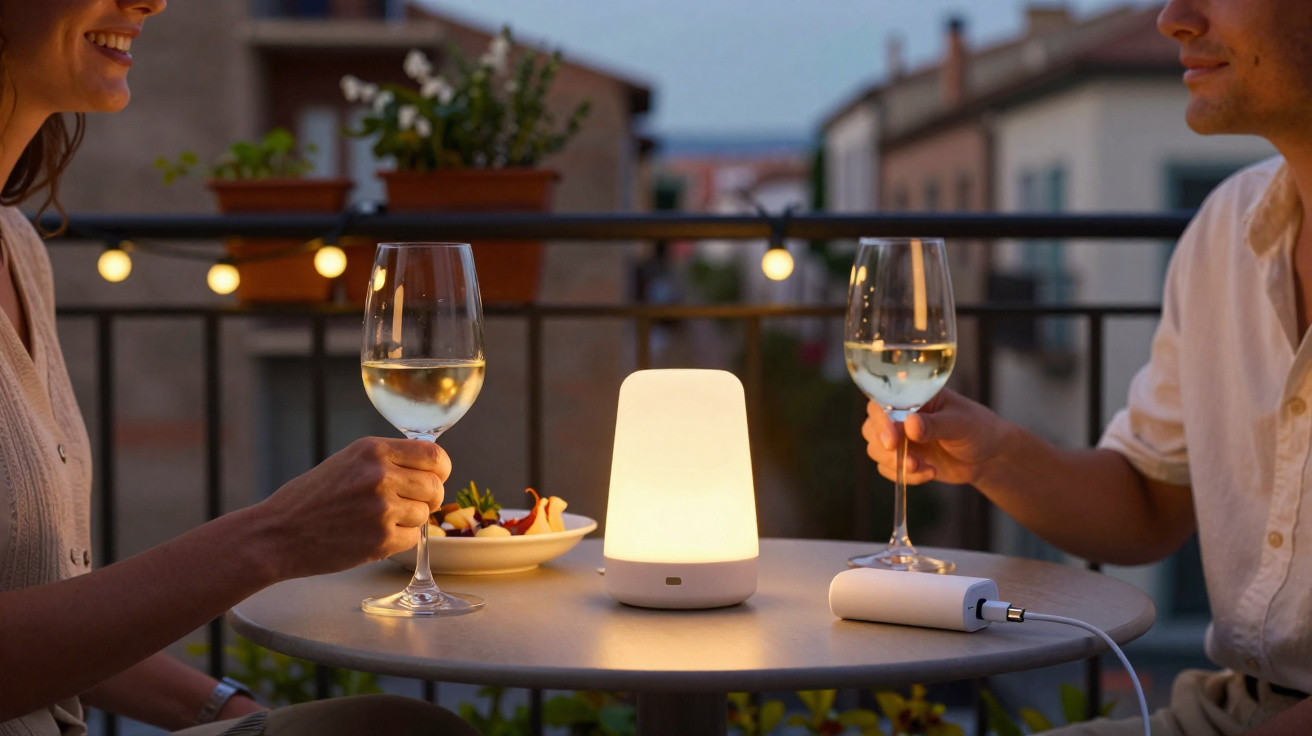 Casal brindando com taças de vinho em mesa ao ar livre iluminada por luminária moderna.