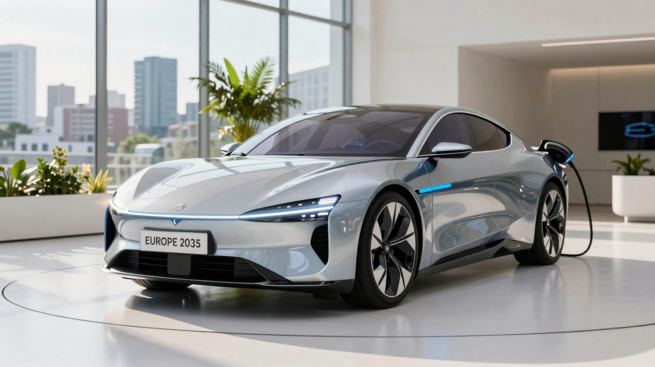 Carro elétrico prata futurista estacionado em showroom moderno com vista para cidade ao fundo.