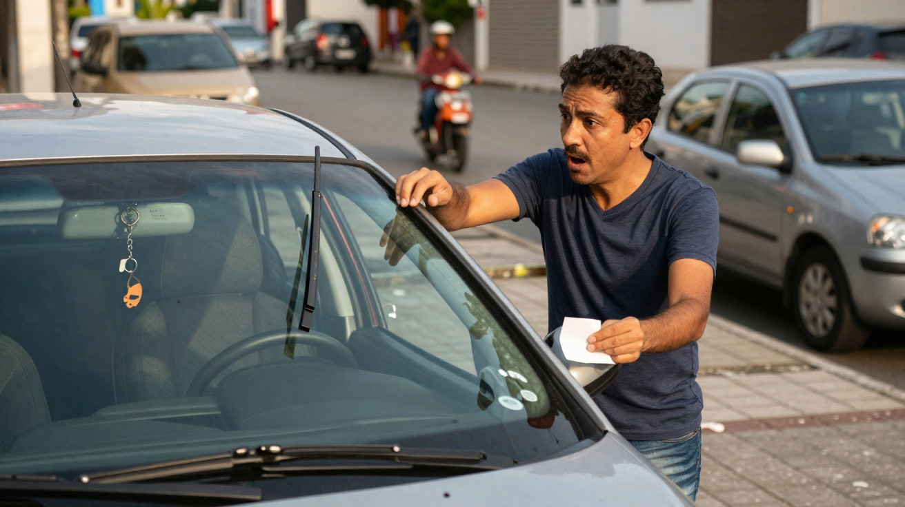 Homem com expressão preocupada colocando bilhete no para-brisa de carro cinza estacionado em rua.