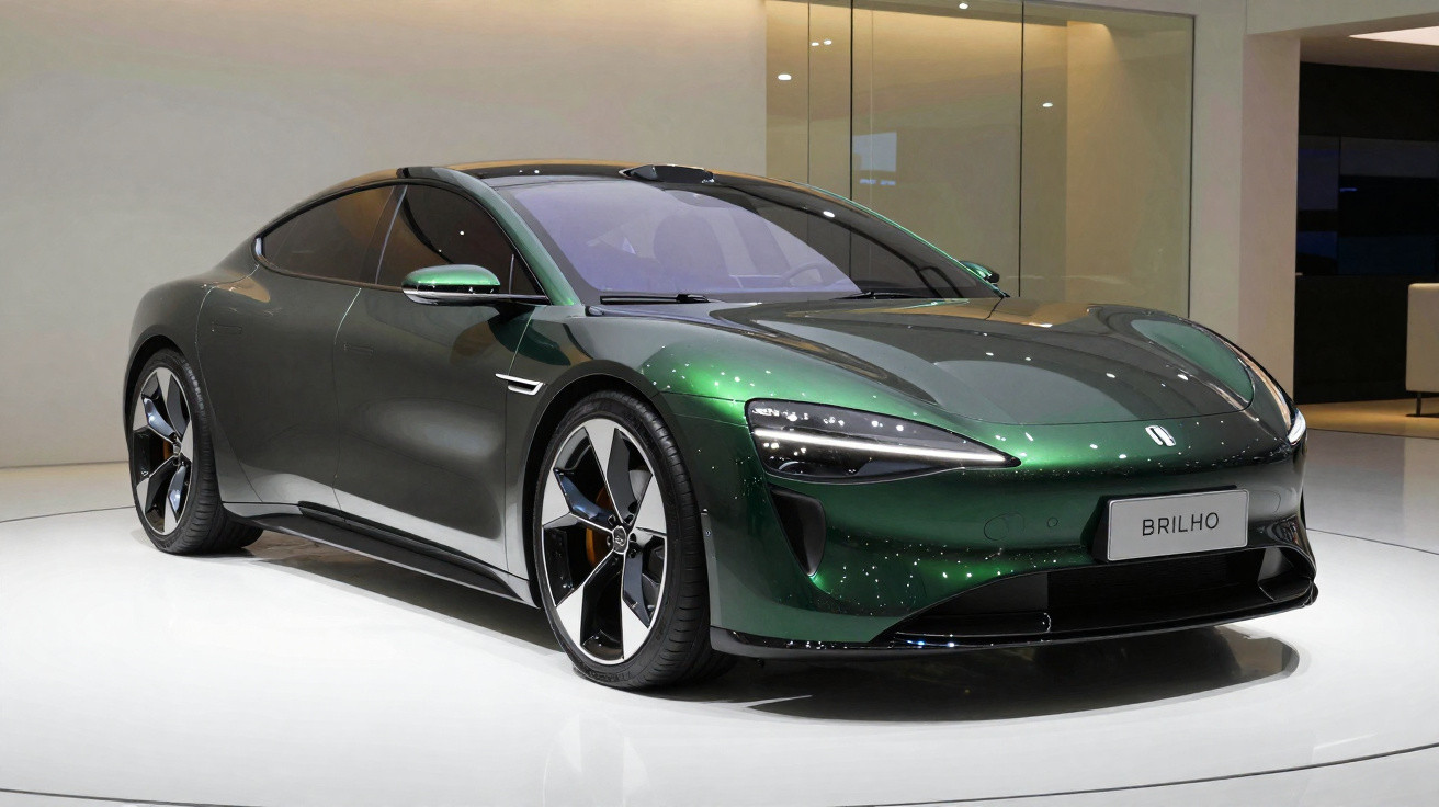 Carro esportivo elétrico verde metálico com design aerodinâmico exposto em showroom moderno.