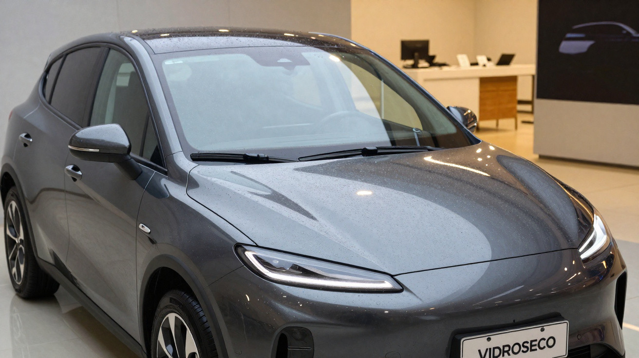 Carro elétrico cinza estacionado em showroom com piso brilhante e placa com o texto Vidroseco.