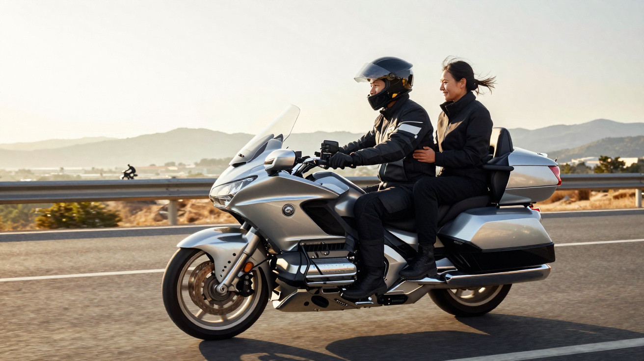 Casal usando equipamentos de proteção andando de motocicleta prata em estrada com montanhas ao fundo.