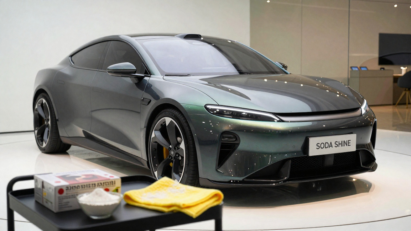 Carro esportivo elétrico cinza metálico, modelo Soda Shine, exibido em showroom moderno e iluminado.