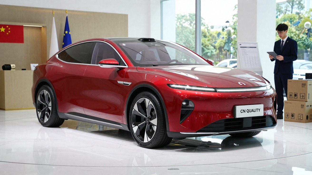 Carro elétrico vermelho moderno em exibição, com homem de terno ao fundo em ambiente interno claro.