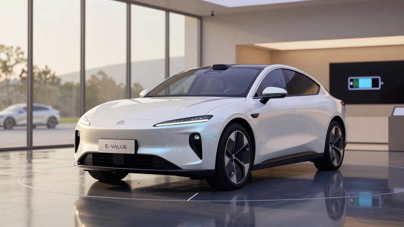 Carro elétrico branco E-Value em exposição em ambiente moderno com amplas janelas e painel de carregamento.
