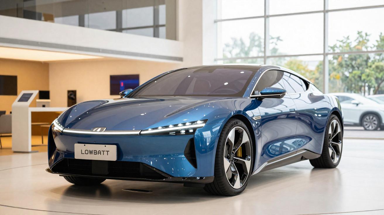 Carro elétrico esportivo azul metálico em exposição em showroom moderno com grandes janelas.