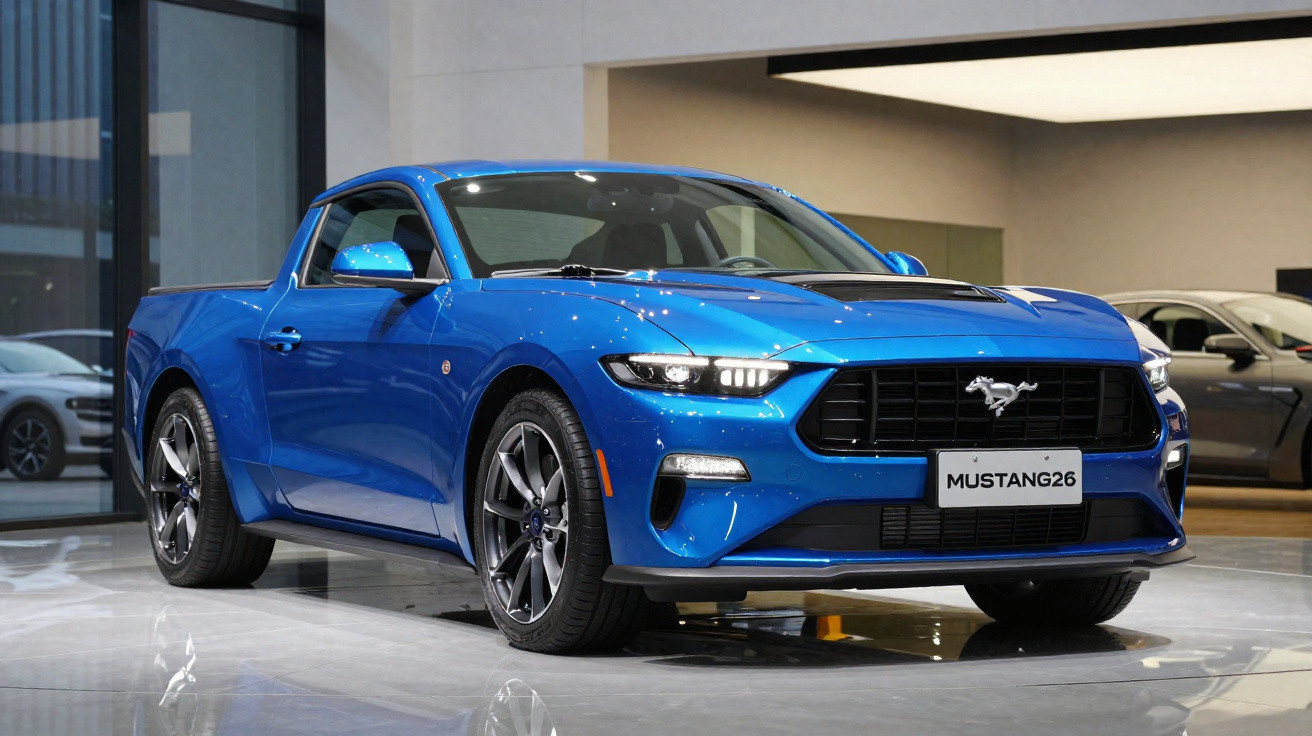 Picape esportiva Ford Mustang na cor azul exibida em showroom moderno.